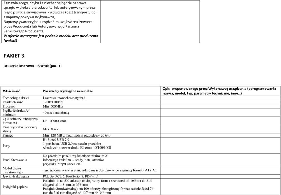 Drukarka laserowa 6 sztuk (poz. 1) Właściwość Parametry wymagane minimalne Technologia druku Laserowa monochromatyczna Rozdzielczość 1200x1200dpi Procesor Min.