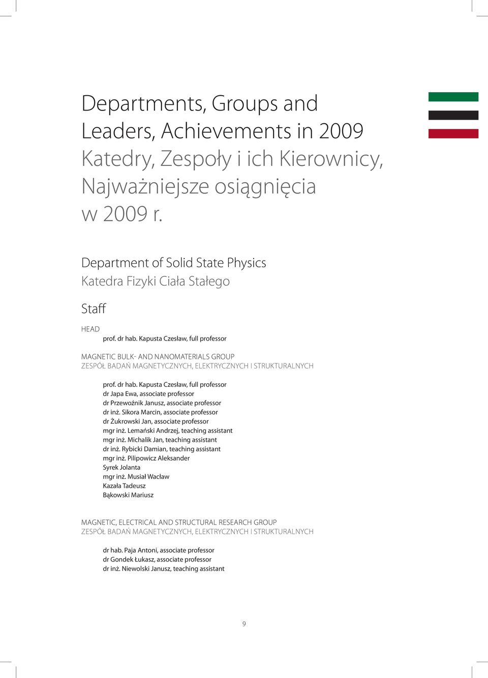 Kapusta Czesław, full professor Magnetic Bulk- and Nanomaterials Group Zespół Badań Magnetycznych, Elektrycznych i Strukturalnych prof. dr hab.