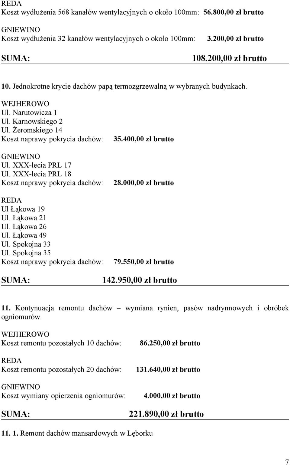 XXX-lecia PRL 17 Ul. XXX-lecia PRL 18 Koszt naprawy pokrycia dachów: Ul Łąkowa 19 Ul. Łąkowa 21 Ul. Łąkowa 26 Ul. Łąkowa 49 Ul. Spokojna 33 Ul. Spokojna 35 Koszt naprawy pokrycia dachów: 35.