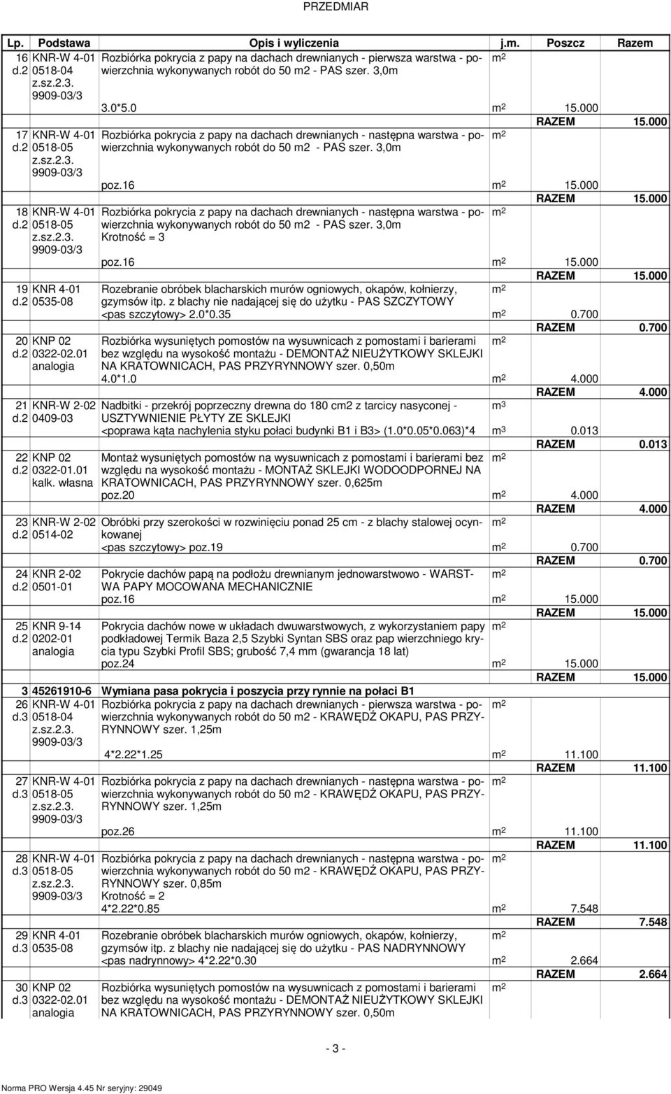 000 18 KNR-W 4-01 Rozbiórka pokrycia z papy na dachach drewnianych - następna warstwa - powierzchnia d.2 0518-05 wykonywanych robót do 50 m2 - PAS szer. 3,0m Krotność = 3 poz.16 15.000 19 KNR 4-01 d.