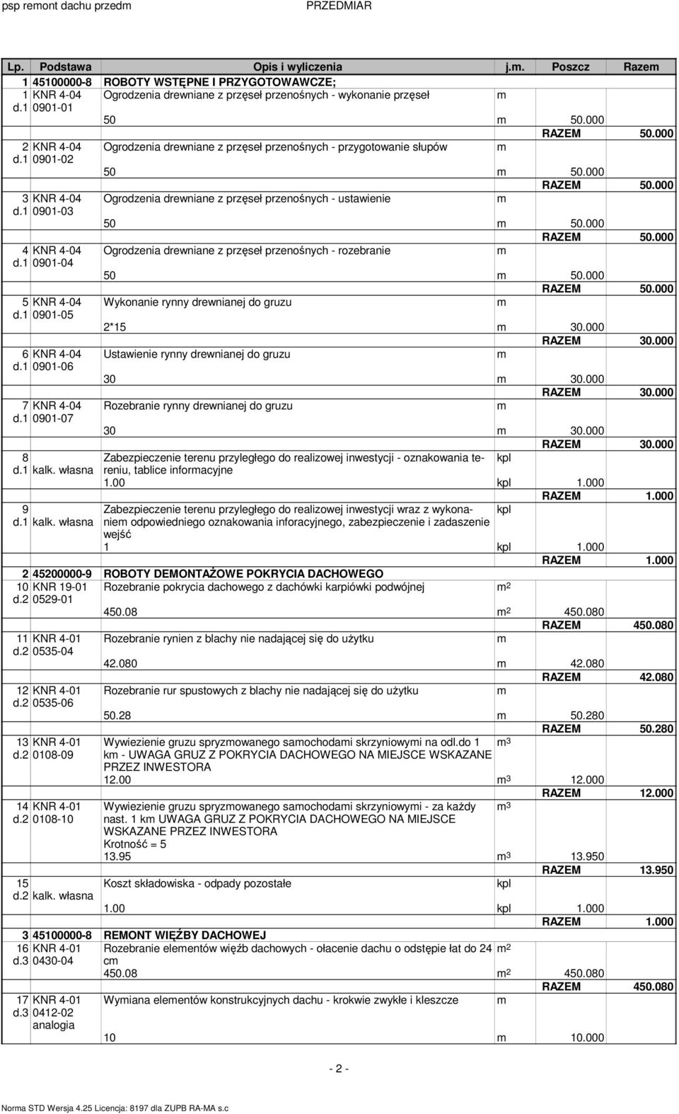 słupów RAZEM 50000 50 50000 RAZEM 50000 Ogrodzenia drewniane z przęseł przenośnych - ustawienie 50 50000 RAZEM 50000 Ogrodzenia drewniane z przęseł przenośnych - rozebranie 50 50000 RAZEM 50000