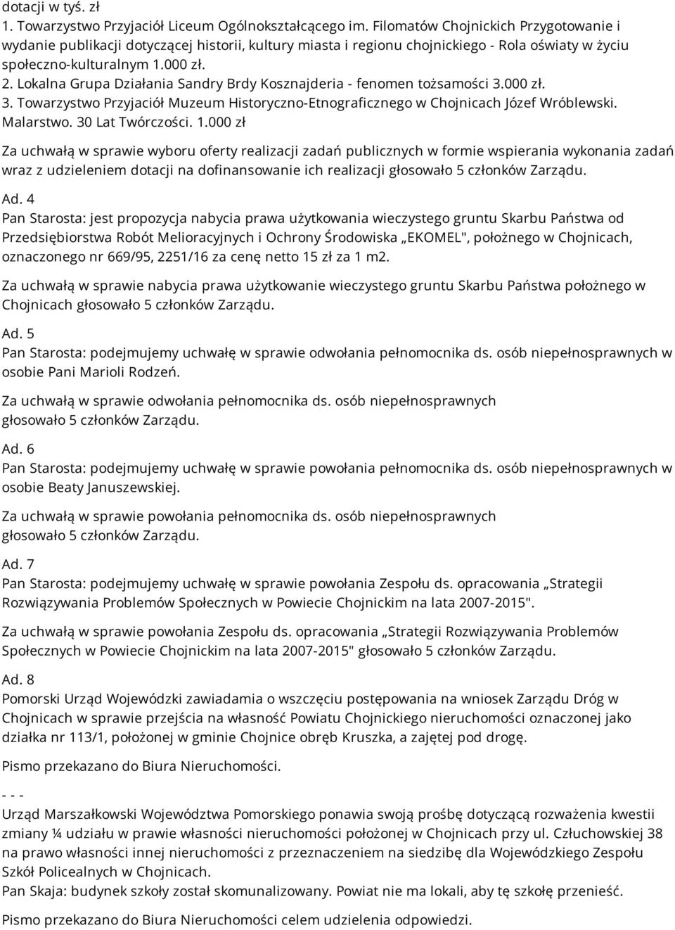 Lokalna Grupa Działania Sandry Brdy Kosznajderia - fenomen tożsamości 3.000 zł. 3. Towarzystwo Przyjaciół Muzeum Historyczno-Etnograficznego w Chojnicach Józef Wróblewski. Malarstwo.