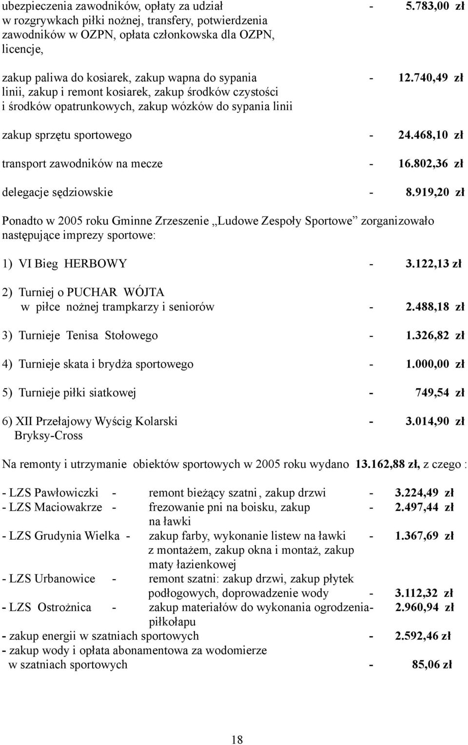 740,49 linii, zakup i remont kosiarek, zakup środków czystości i środków opatrunkowych, zakup wózków do sypania linii zakup sprzętu sportowego - 24.468,10 transport zawodników na mecze - 16.