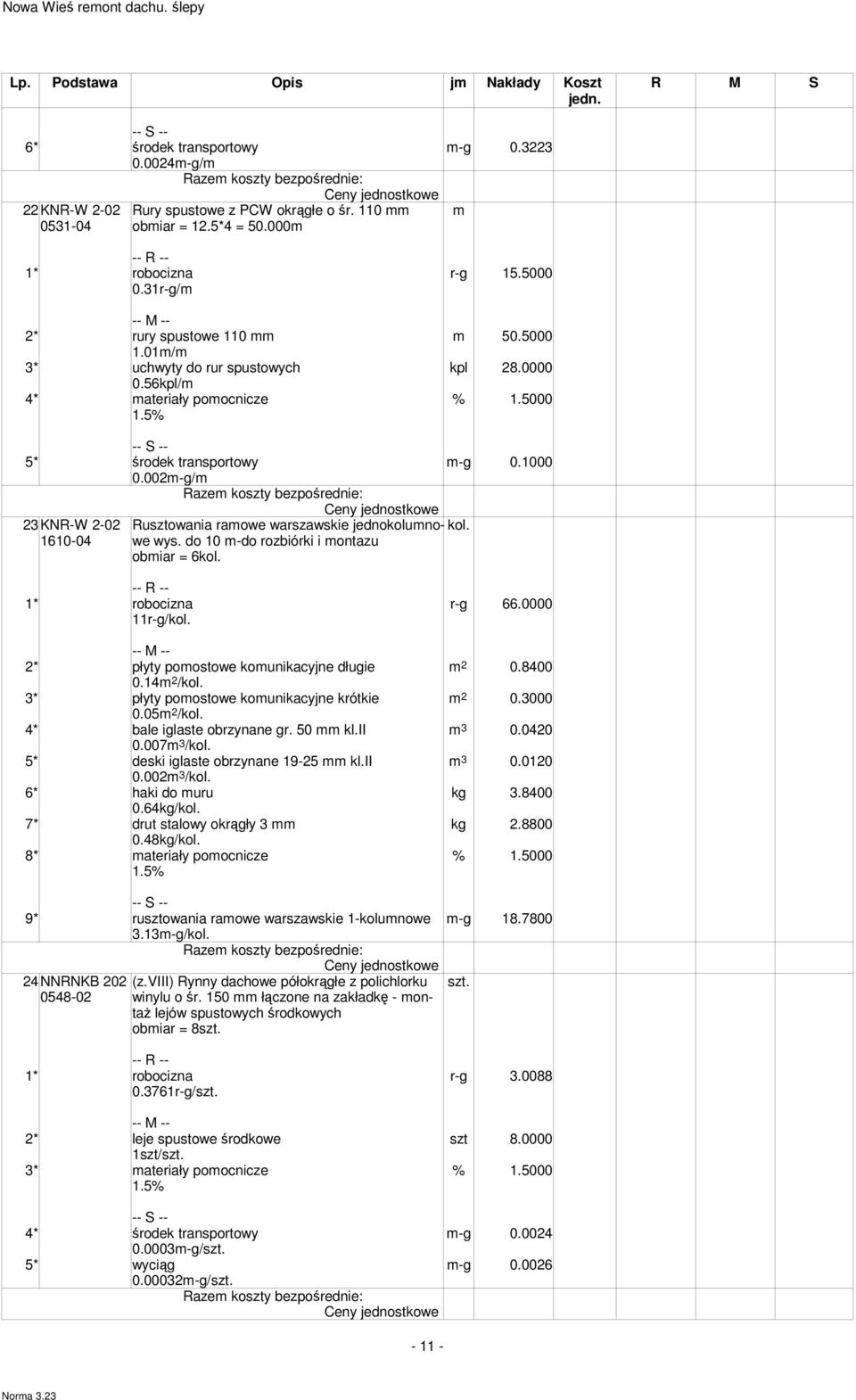 002-g/ 23 KNR-W 2-02 1610-04 Rusztowania raowe warszawskie jednokolunowe wys. do 10 -do rozbiórki i ontazu obiar = 6kol. 1* robocizna r-g 66.0000 11r-g/kol. 2* płyty poostowe kounikacyjne długie 0.