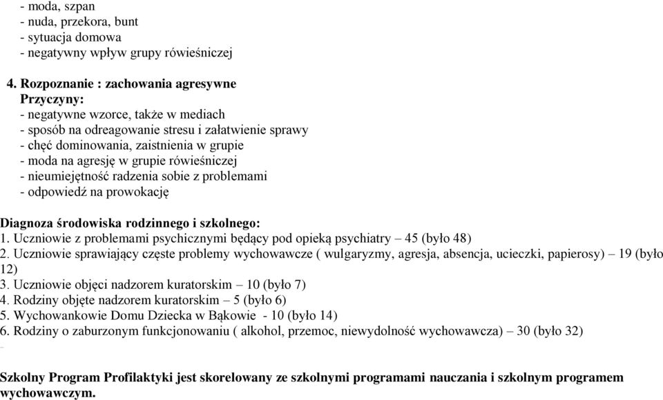 grupie rówieśniczej - nieumiejętność radzenia sobie z problemami - odpowiedź na prowokację Diagnoza środowiska rodzinnego i szkolnego: 1.