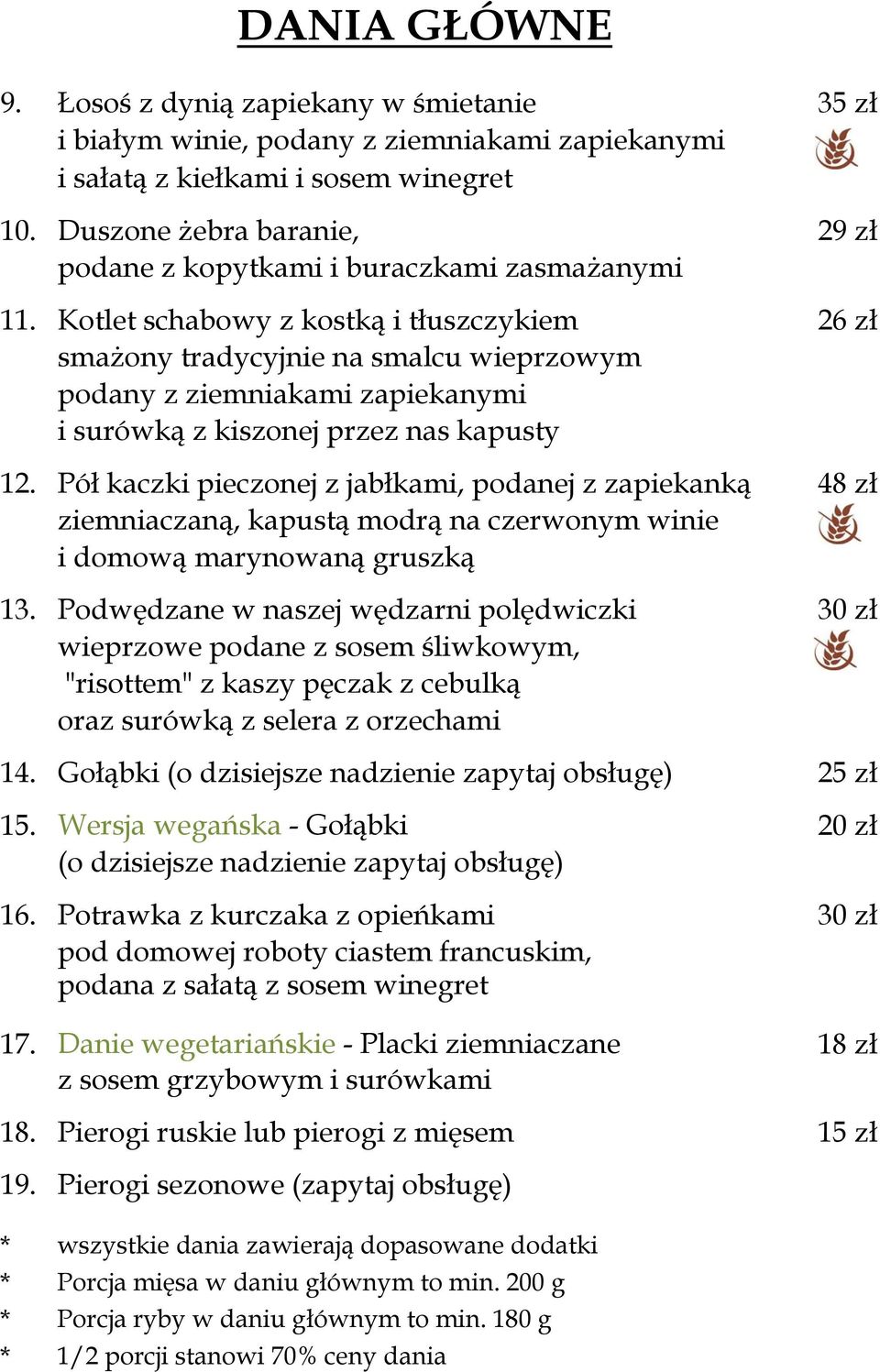 Kotlet schabowy z kostką i tłuszczykiem 26 zł smażony tradycyjnie na smalcu wieprzowym podany z ziemniakami zapiekanymi i surówką z kiszonej przez nas kapusty 12.