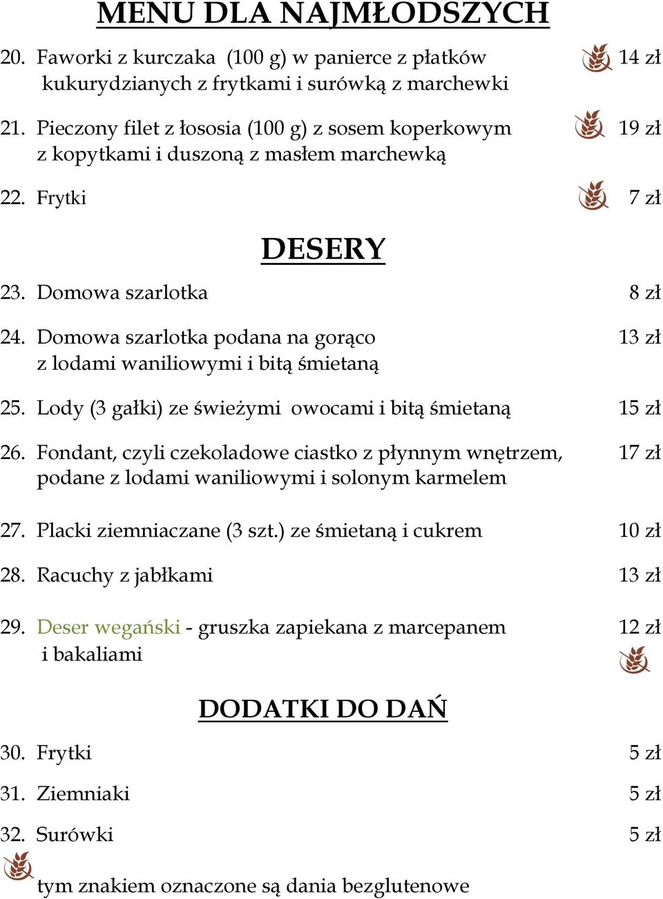 Domowa szarlotka podana na gorąco 13 zł z lodami waniliowymi i bitą śmietaną 25. Lody (3 gałki) ze świeżymi owocami i bitą śmietaną 15 zł 26.