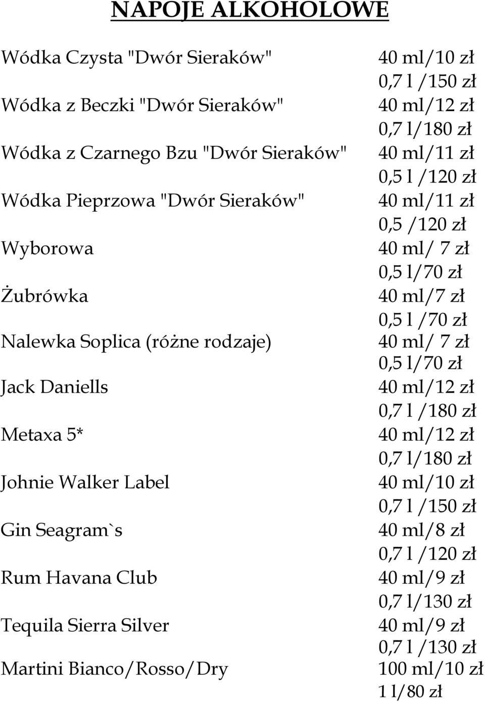 0,7 l /150 zł 40 ml/12 zł 0,7 l/180 zł 40 ml/11 zł 0,5 l /120 zł 40 ml/11 zł 0,5 /120 zł 40 ml/ 7 zł 0,5 l/70 zł 40 ml/7 zł 0,5 l /70 zł 40 ml/ 7 zł 0,5 l/70 zł 40