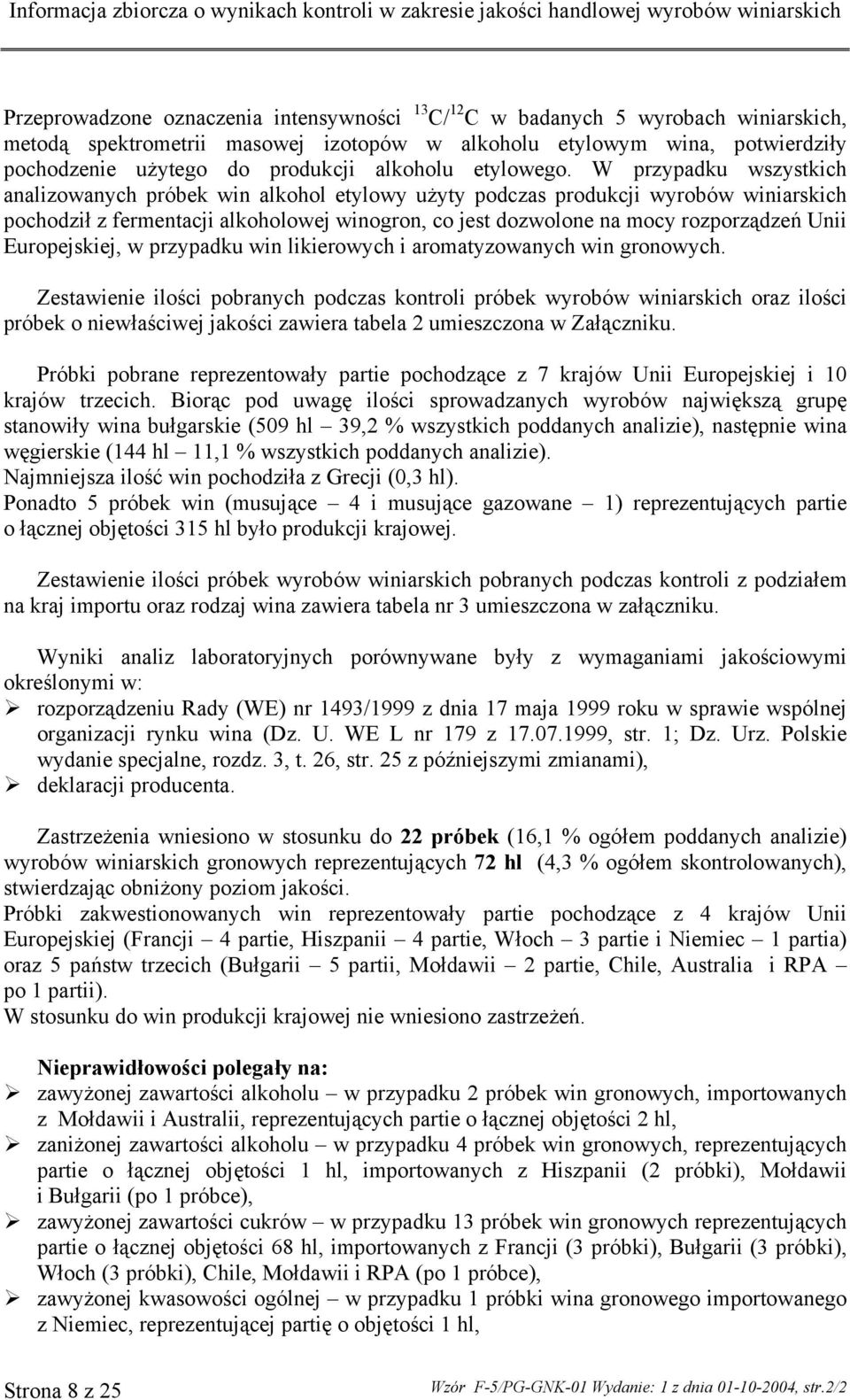 W przypadku wszystkich analizowanych próbek win alkohol etylowy użyty podczas produkcji wyrobów winiarskich pochodził z fermentacji alkoholowej winogron, co jest dozwolone na mocy rozporządzeń Unii