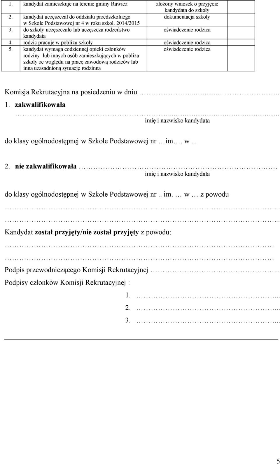 kandydat wymaga codziennej opieki członków rodziny lub innych osób zamieszkujących w pobliżu szkoły ze względu na pracę zawodową rodziców lub inną uzasadnioną sytuację rodzinną Komisja Rekrutacyjna