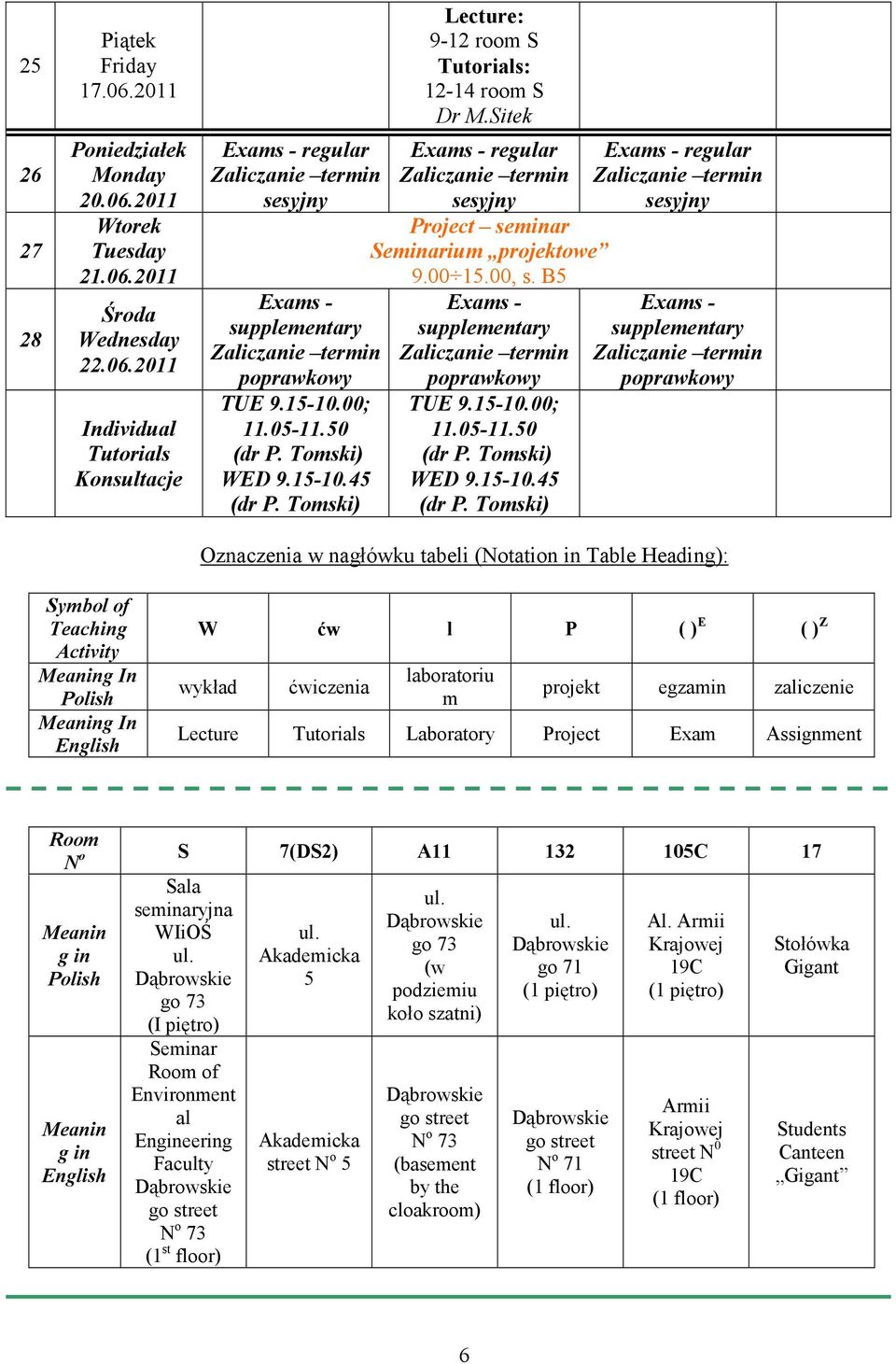 Tomski) Exams - regular sesyjny Project seminar Seminarium projektowe 9.00 15.00, s. B5 Exams - supplementary poprawkowy TUE 9.15-10.00; 11.05-11.50 (dr P. Tomski) WED 9.