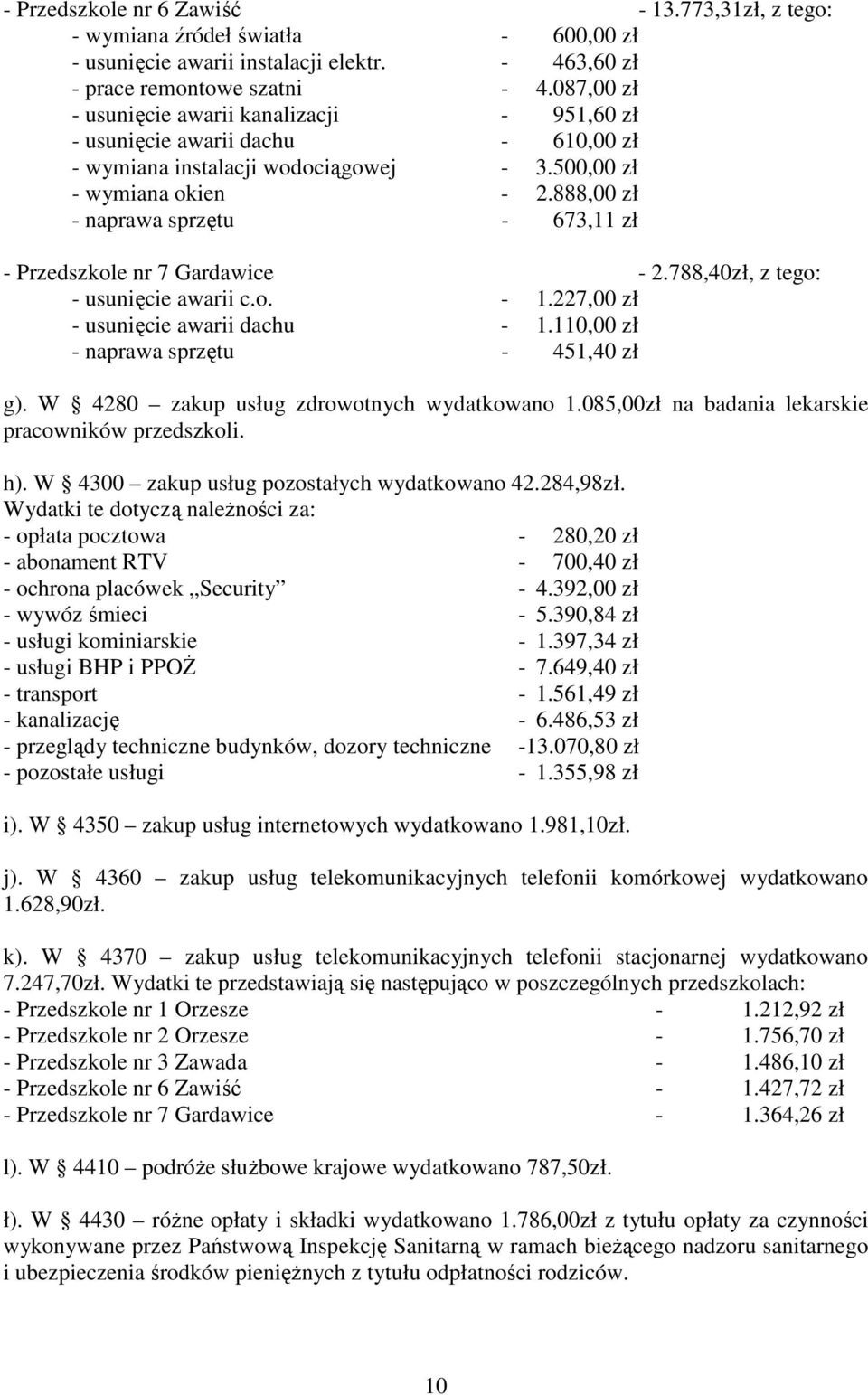 888,00 zł - naprawa sprzętu - 673,11 zł - Przedszkole nr 7 Gardawice - 2.788,40zł, z tego: - usunięcie awarii c.o. - 1.227,00 zł - usunięcie awarii dachu - 1.