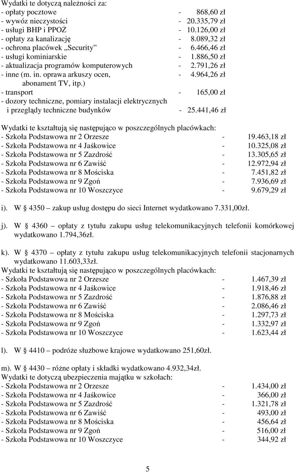 964,26 zł abonament TV, itp.) - transport - 165,00 zł - dozory techniczne, pomiary instalacji elektrycznych i przeglądy techniczne budynków - 25.