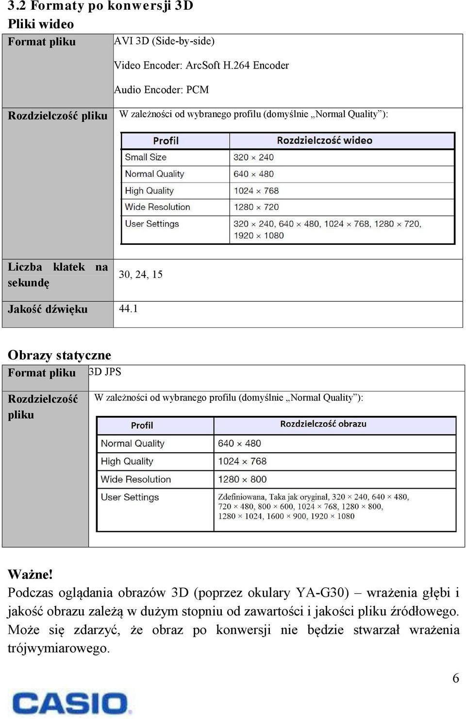 dźwięku 44.1 Obrazy statyczne Format pliku 3D JPS Rozdzielczość pliku W zależności od wybranego profilu (domyślnie Normal Quality ): Ważne!