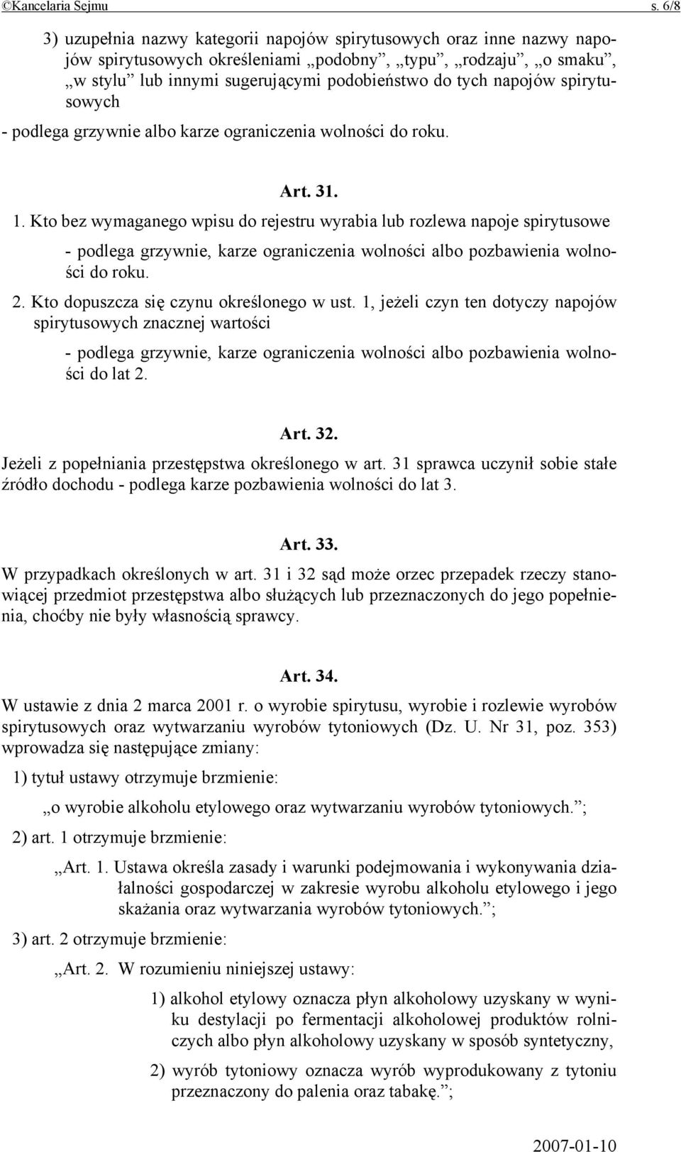 spirytusowych - podlega grzywnie albo karze ograniczenia wolności do roku. Art. 31. 1.