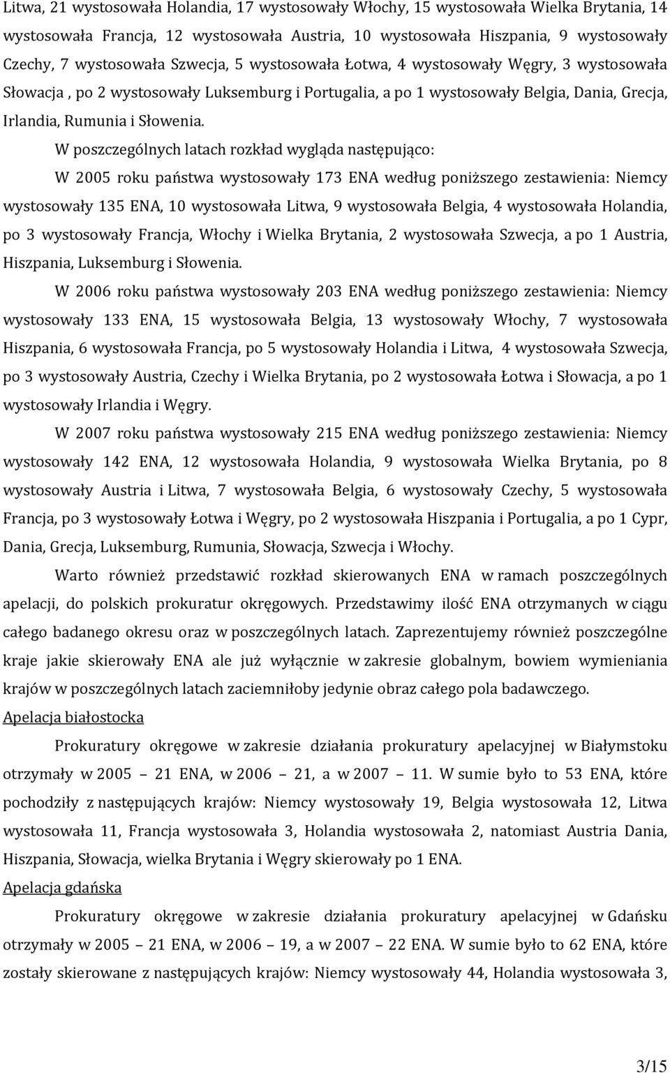 W poszczególnych latach rozkład wygląda następująco: W 2005 roku państwa wystosowały 173 ENA według poniższego zestawienia: Niemcy wystosowały 135 ENA, 10 wystosowała Litwa, 9 wystosowała Belgia, 4