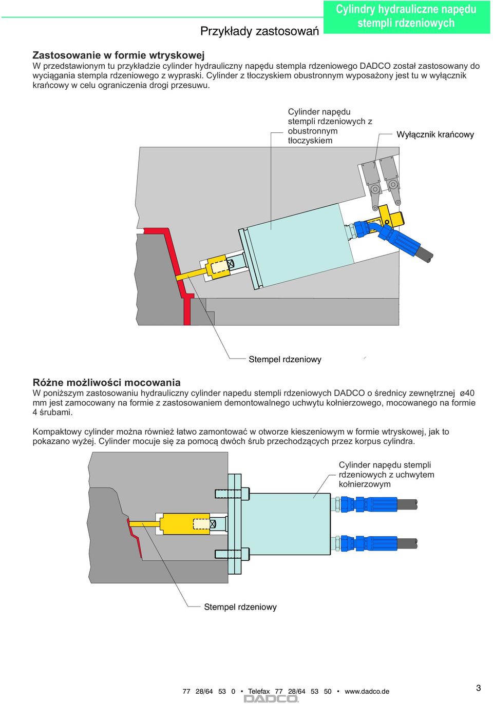 Cylinder napędu z obustronnym tłoczyskiem Wyłącznik krańcowy Stempel rdzeniowy Różne możliwości mocowania W poniższym zastosowaniu hydrauliczny cylinder napedu DADCO o średnicy zewnętrznej ø40 mm