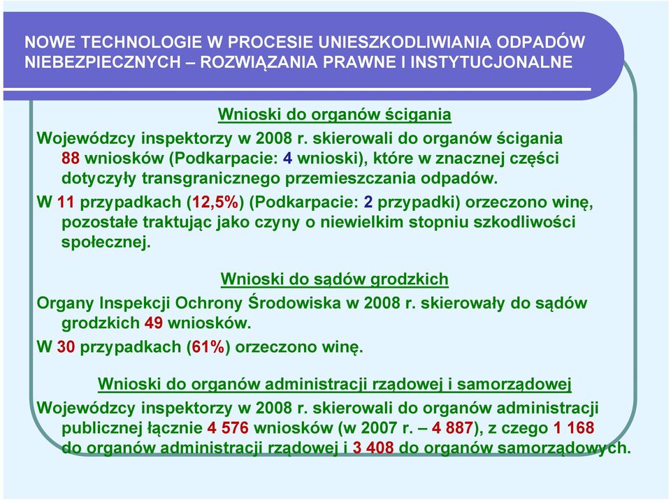 W 11 przypadkach (12,5%) (Podkarpacie: 2 przypadki) orzeczono winę, pozostałe traktując jako czyny o niewielkim stopniu szkodliwości społecznej.