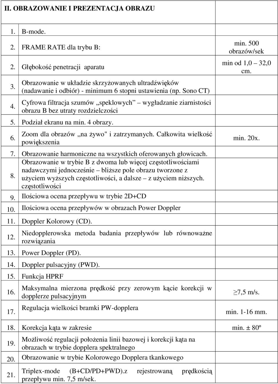 Sono CT) Cyfrowa filtracja szumów speklowych wygładzanie ziarnistości obrazu B bez utraty rozdzielczości 5. Podział ekranu na min. 4 obrazy. 6. Zoom dla obrazów na Ŝywo" i zatrzymanych.