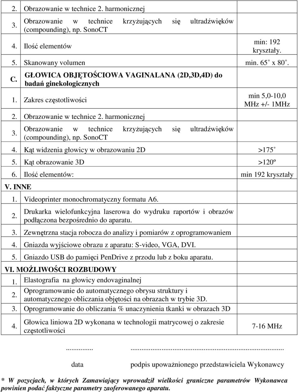 harmonicznej Obrazowanie w technice krzyŝujących się ultradźwięków (compounding), np. SonoCT min 5,0-10,0 MHz +/- 1MHz 4. Kąt widzenia głowicy w obrazowaniu 2D >175 5. Kąt obrazowanie 3D >120º 6.