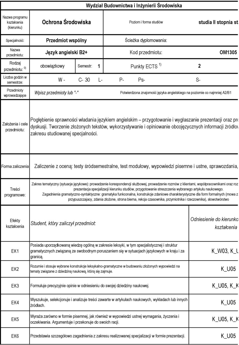 Wpisz przedmioty lub "-" Punkty ECTS 1) Potwierdzona znajomość języka angielskiego na poziomie co najmniej A2/B1 2 Założenia i cele przedmiotu: Pogłębienie sprawności władania językiem angielskim