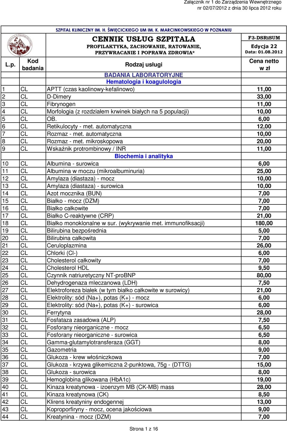 białych na 5 populacji) 10,00 5 CL OB. 6,00 6 CL Retikulocyty - met. automatyczna 12,00 7 CL Rozmaz - met. automatyczna 10,00 8 CL Rozmaz - met.