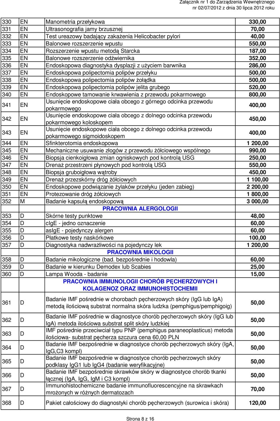 przełyku 500,00 338 EN Endoskopowa polipectomia polipów żołądka 500,00 339 EN Endoskopowa polipectomia polipów jelita grubego 520,00 340 EN Endoskopowe tamowanie krwawienia z przewodu pokarmowego