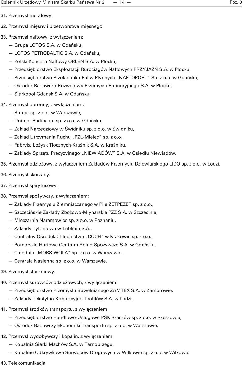 z o.o. w Gdańsku, Ośrodek Badawczo -Rozwojowy Przemysłu Rafineryjnego S.A. w Płocku, Siarkopol Gdańsk S.A. w Gdańsku. 34. Przemysł obronny, z wyłączeniem: Bumar sp. z o.o. w Warszawie, Unimor Radiocom sp.