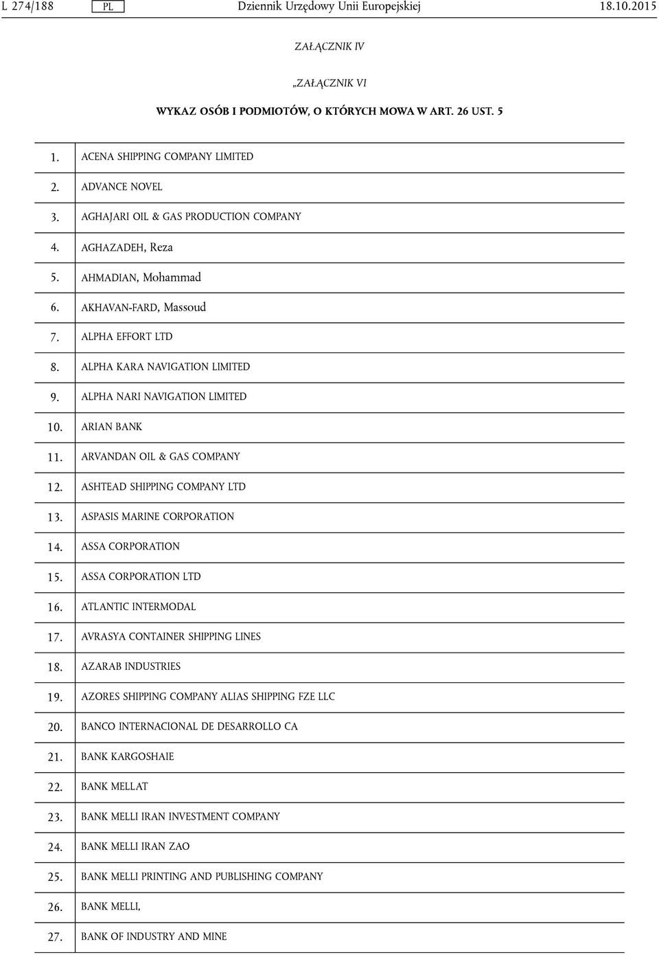 ASHTEAD SHIPPING COMPANY LTD 13. ASPASIS MARINE CORPORATION 14. ASSA CORPORATION 15. ASSA CORPORATION LTD 16. ATLANTIC INTERMODAL 17. AVRASYA CONTAINER SHIPPING LINES 18. AZARAB INDUSTRIES 19.