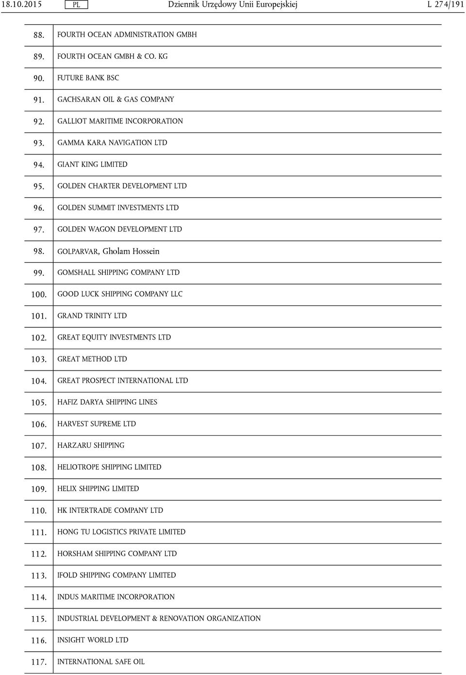 GOMSHALL SHIPPING COMPANY LTD 100. GOOD LUCK SHIPPING COMPANY LLC 101. GRAND TRINITY LTD 102. GREAT EQUITY INVESTMENTS LTD 103. GREAT METHOD LTD 104. GREAT PROSPECT INTERNATIONAL LTD 105.