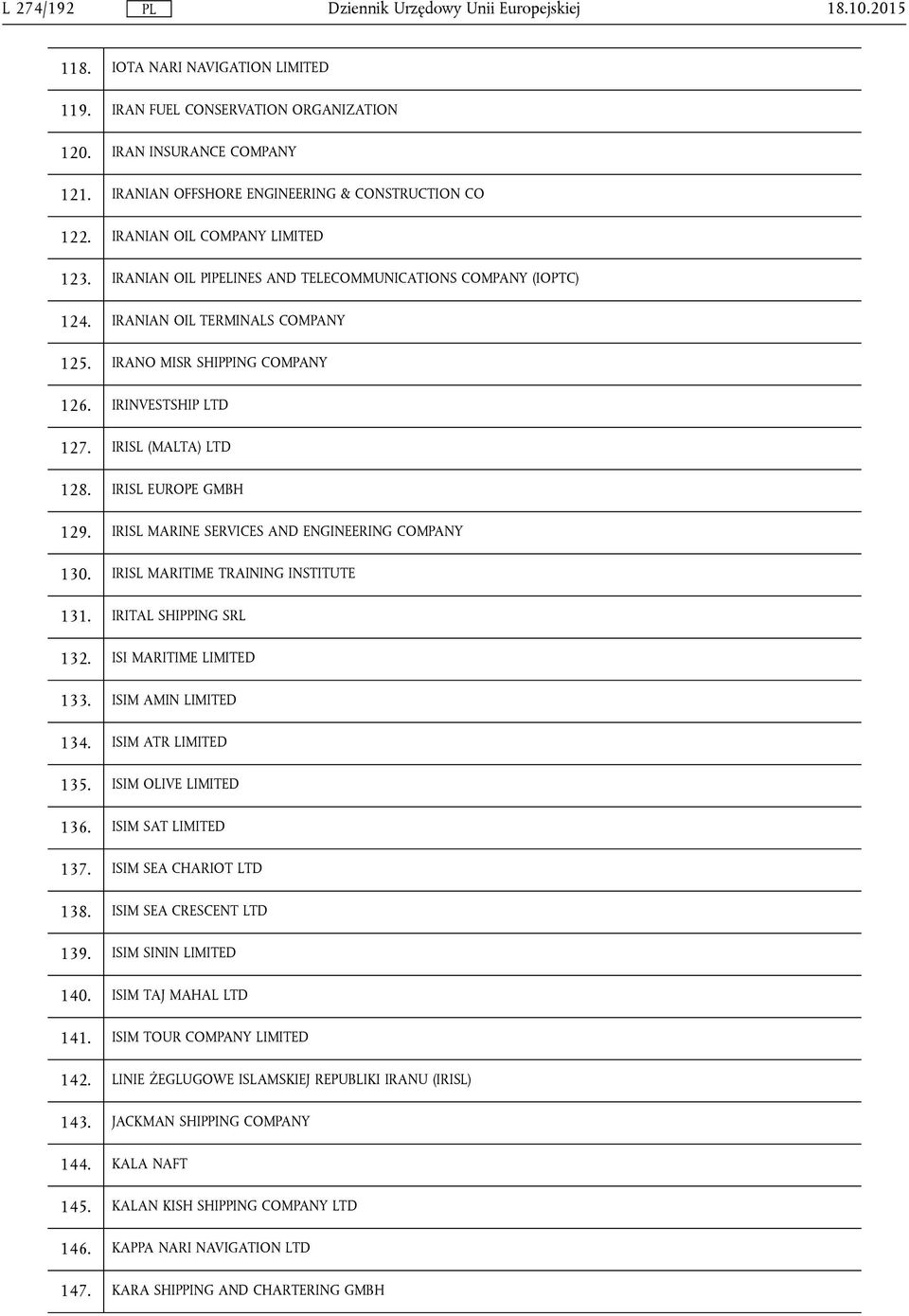IRISL (MALTA) LTD 128. IRISL EUROPE GMBH 129. IRISL MARINE SERVICES AND ENGINEERING COMPANY 130. IRISL MARITIME TRAINING INSTITUTE 131. IRITAL SHIPPING SRL 132. ISI MARITIME LIMITED 133.