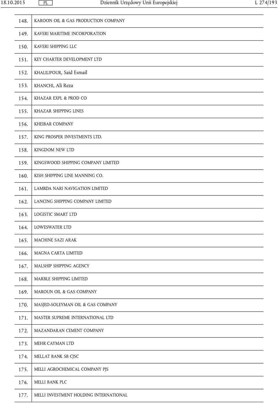 KISH SHIPPING LINE MANNING CO. 161. LAMBDA NARI NAVIGATION LIMITED 162. LANCING SHIPPING COMPANY LIMITED 163. LOGISTIC SMART LTD 164. LOWESWATER LTD 165. MACHINE SAZI ARAK 166.