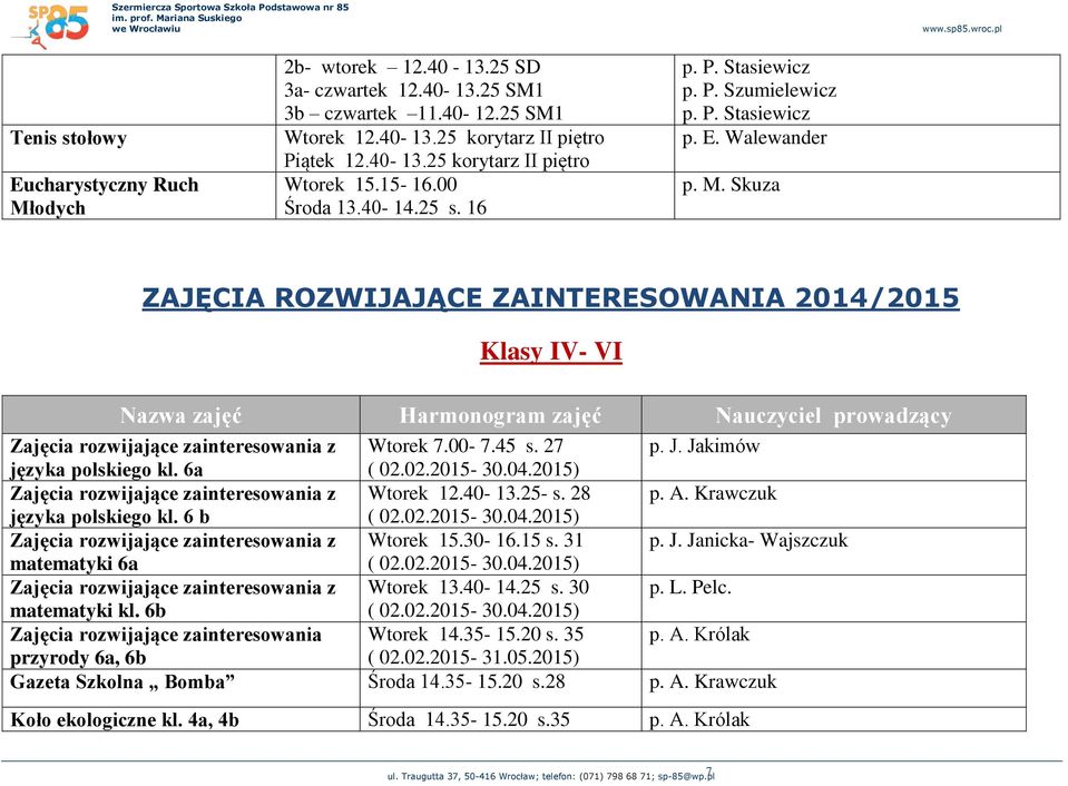 Skuza ZAJĘCIA ROZWIJAJĄCE ZAINTERESOWANIA 2014/2015 Klasy IV- VI Nazwa zajęć Harmonogram zajęć Nauczyciel prowadzący zainteresowania z Wtorek 7.00-7.45 s. 27 p. J. Jakimów języka polskiego kl.