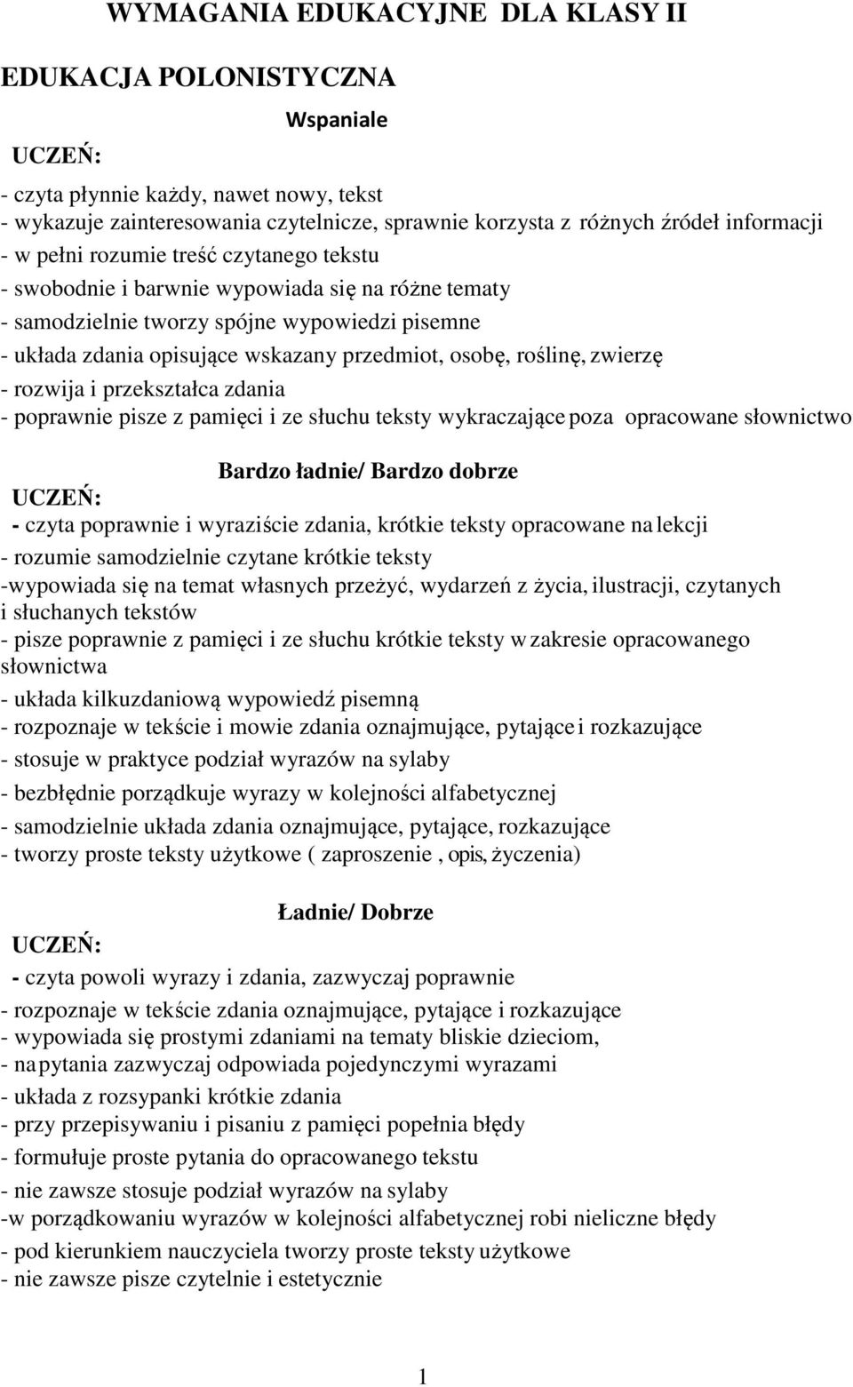 zwierzę - rozwija i przekształca zdania - poprawnie pisze z pamięci i ze słuchu teksty wykraczające poza opracowane słownictwo Bardzo ładnie/ Bardzo dobrze - czyta poprawnie i wyraziście zdania,