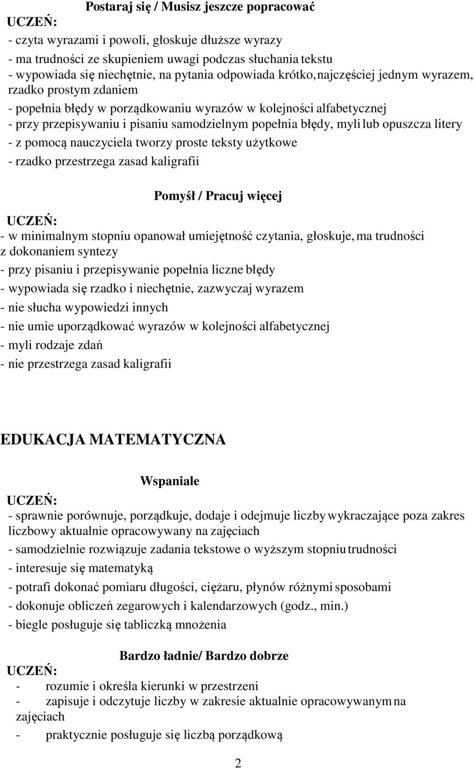 litery - z pomocą nauczyciela tworzy proste teksty użytkowe - rzadko przestrzega zasad kaligrafii Pomyśł / Pracuj więcej - w minimalnym stopniu opanował umiejętność czytania, głoskuje, ma trudności z