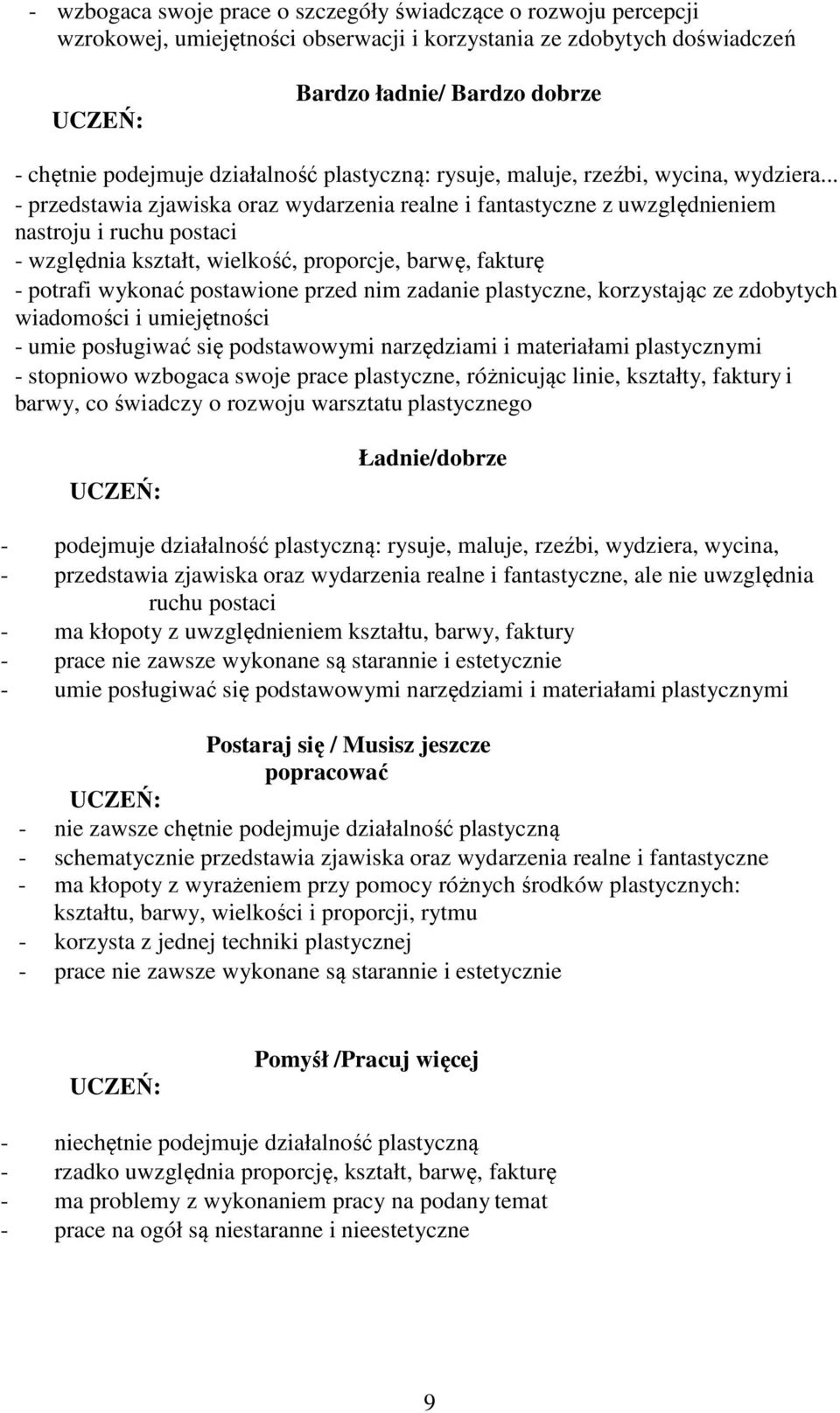 .. - przedstawia zjawiska oraz wydarzenia realne i fantastyczne z uwzględnieniem nastroju i ruchu postaci - względnia kształt, wielkość, proporcje, barwę, fakturę - potrafi wykonać postawione przed