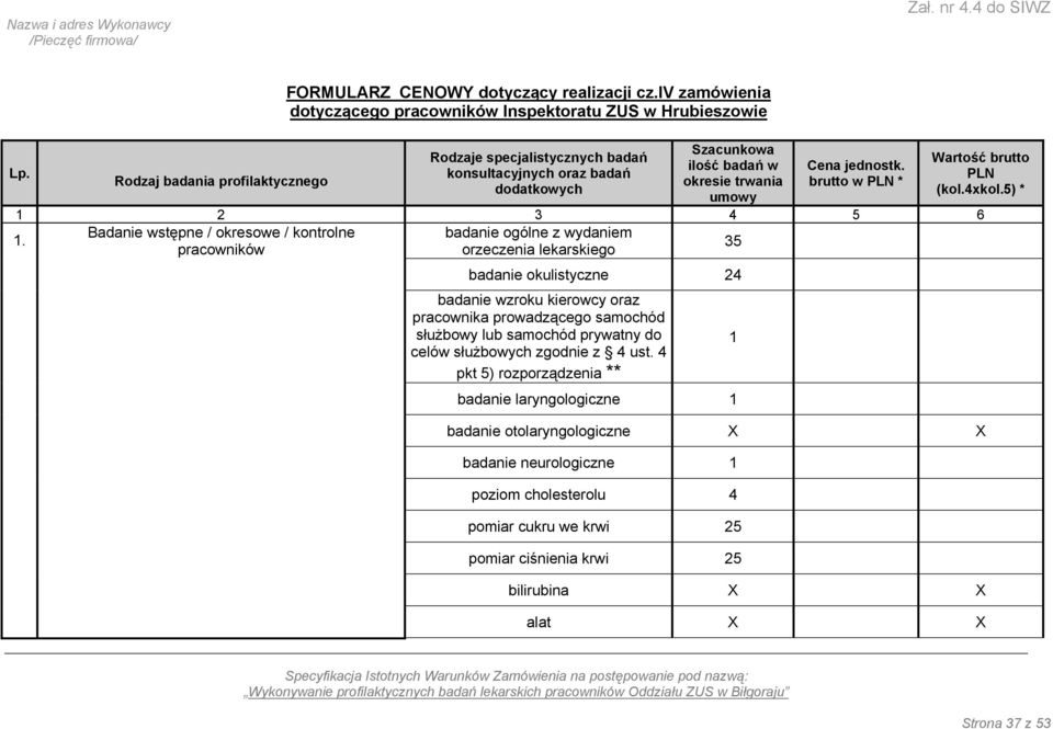 jednostk. brutto w PLN * Wartość brutto PLN (kol.4xkol.5) * 1 2 3 4 5 6 Badanie wstępne / okresowe / kontrolne badanie ogólne z wydaniem 1.