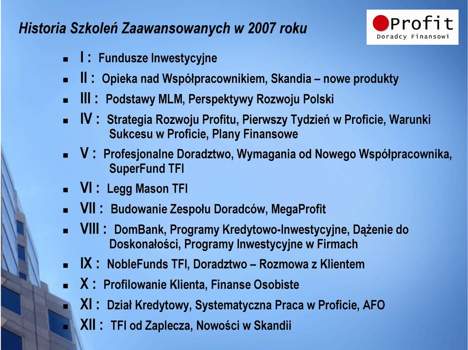 TFI VI : Legg Mason TFI VII : Budowanie Zespołu Doradców, MegaProfit VIII : DomBank, Programy Kredytowo-Inwestycyjne, DąŜenie do Doskonałości, Programy Inwestycyjne w Firmach IX