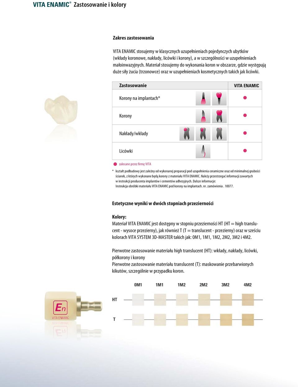 Zastosowanie Korony na implantach* VITA ENAMIC Korony Nakłady/wkłady Licówki : zalecane przez firmę VITA * kształt podbudowy jest zależny od wykonanej preparacji pod uzupełnienia ceramiczne oraz od