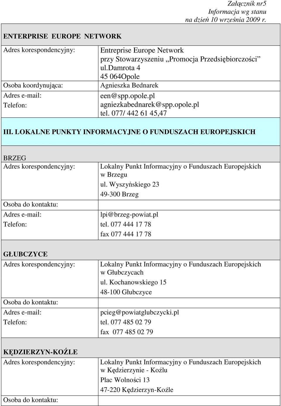 LOKALNE PUNKTY INFORMACYJNE O FUNDUSZACH EUROPEJSKICH BRZEG w Brzegu ul. Wyszyńskiego 23 49-300 Brzeg lpi@brzeg-powiat.pl tel.