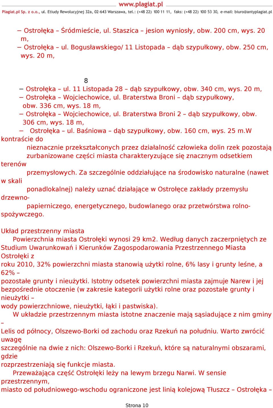 Braterstwa Broni 2 dąb szypułkowy, obw. 306 cm, wys. 18 m, Ostrołęka ul. Baśniowa dąb szypułkowy, obw. 160 cm, wys. 25 m.