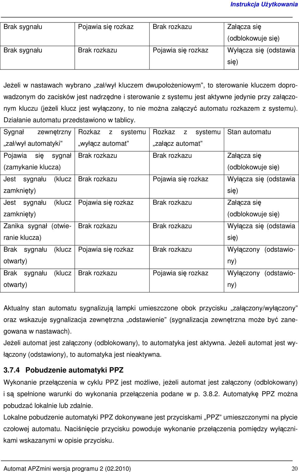 automatu rozkazem z systemu). Działanie automatu przedstawiono w tablicy.