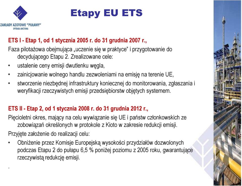 zgłaszania i weryfikacji rzeczywistych emisji przedsiębiorstw objętych systemem. ETS II - Etap 2, od 1 stycznia 2008 r. do 31 grudnia 2012 r.