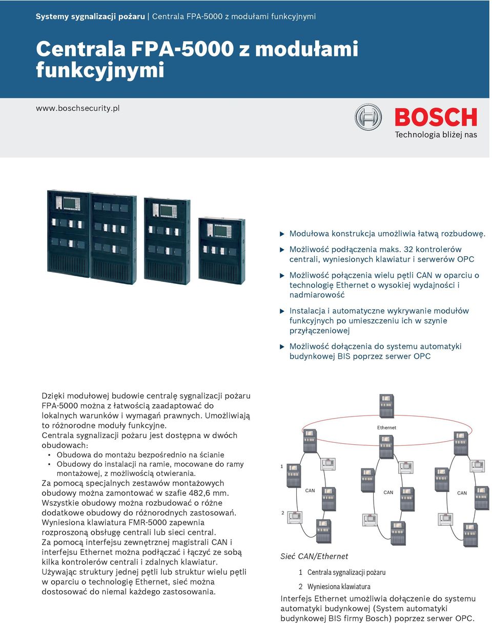 wykrywanie modłów fnkcyjnych po mieszczeni ich w szynie przyłączeniowej Możliwość dołączenia do system atomatyki bdynkowej BS poprzez serwer OPC Dzięki modłowej bdowie centralę sygnalizacji pożar FPA