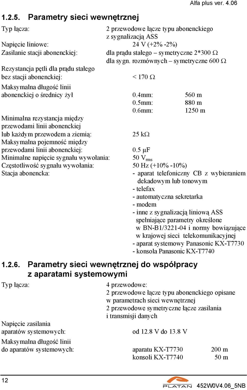 prądu stałego symetryczne 2*300 Ω dla sygn. rozmównych symetryczne 600 Ω < 170 Ω Maksymalna długość linii abonenckiej o średnicy żył 0.4mm: 560 m 0.5mm: 880 m 0.