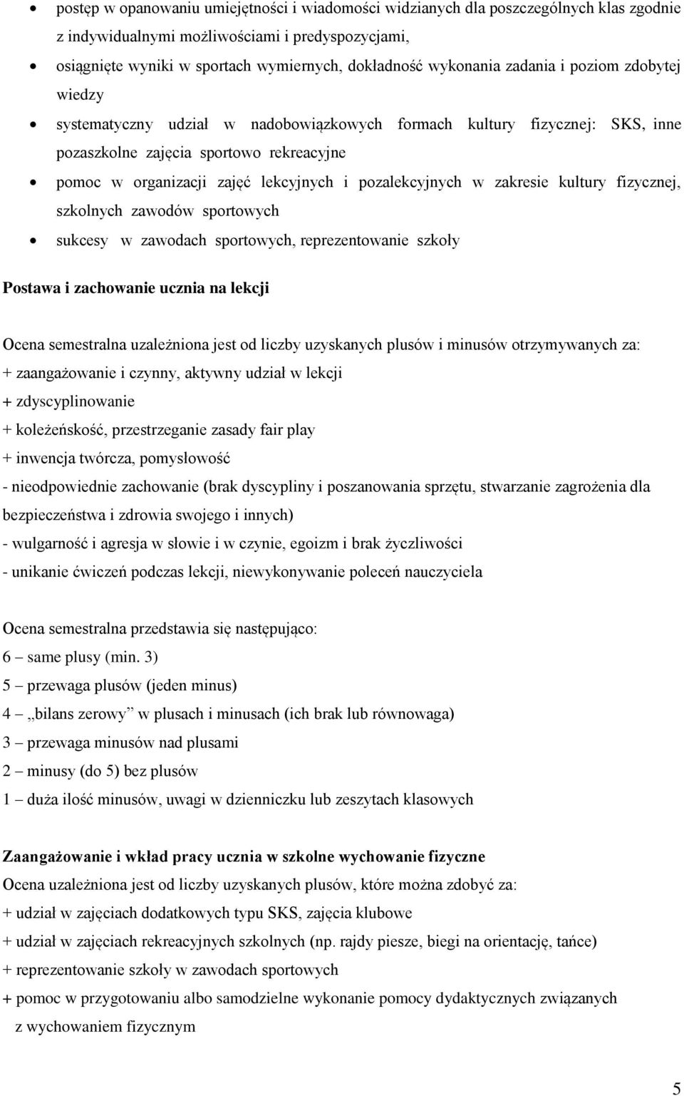 pozalekcyjnych w zakresie kultury fizycznej, szkolnych zawodów sportowych sukcesy w zawodach sportowych, reprezentowanie szkoły Postawa i zachowanie ucznia na lekcji Ocena semestralna uzależniona