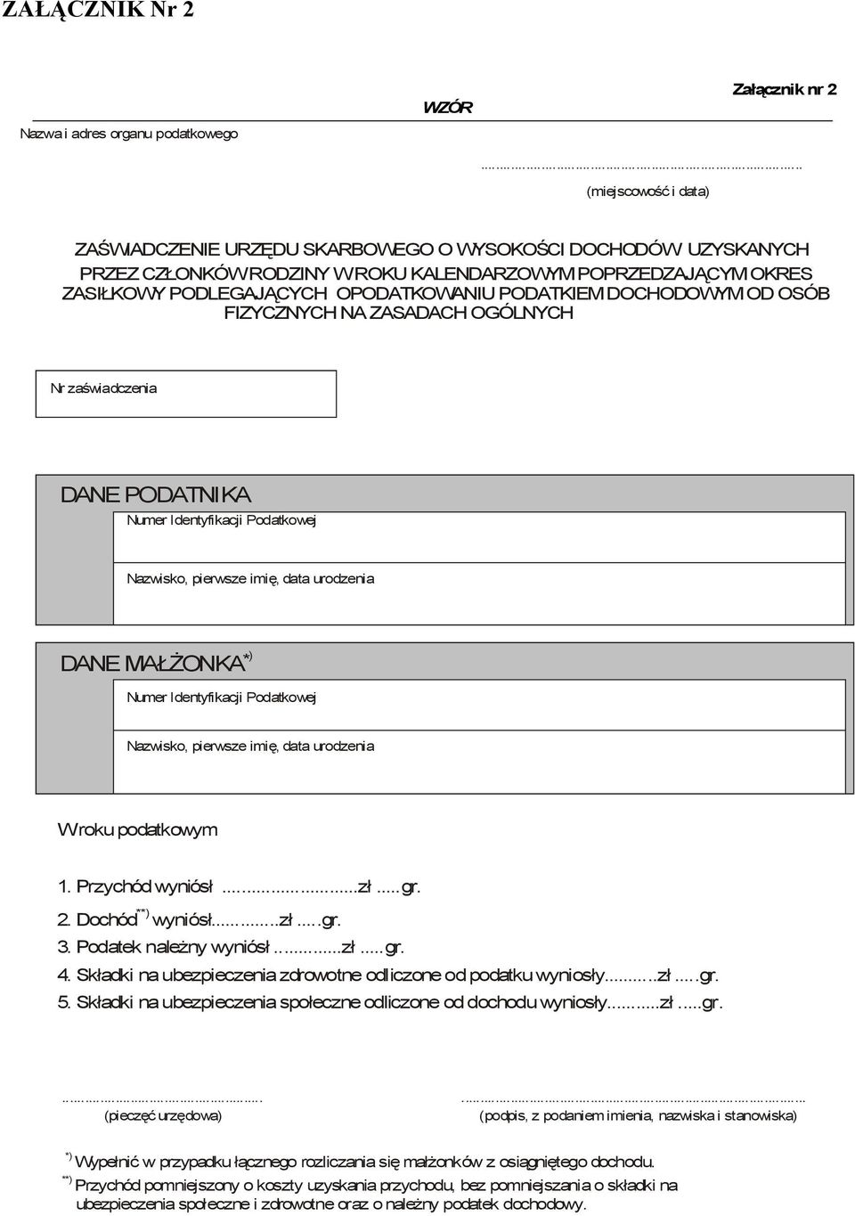 OPODATKOWANIU PODATKIEM DOCHODOWYM OD OSÓB FIZYCZNYCH NA ZASADACH OGÓLNYCH Nr zaświadczenia DANE PODATNIKA Numer Identyfikacji Podatkowej Nazwisko, pierwsze imię, data urodzenia DANE MAŁŻONKA Numer