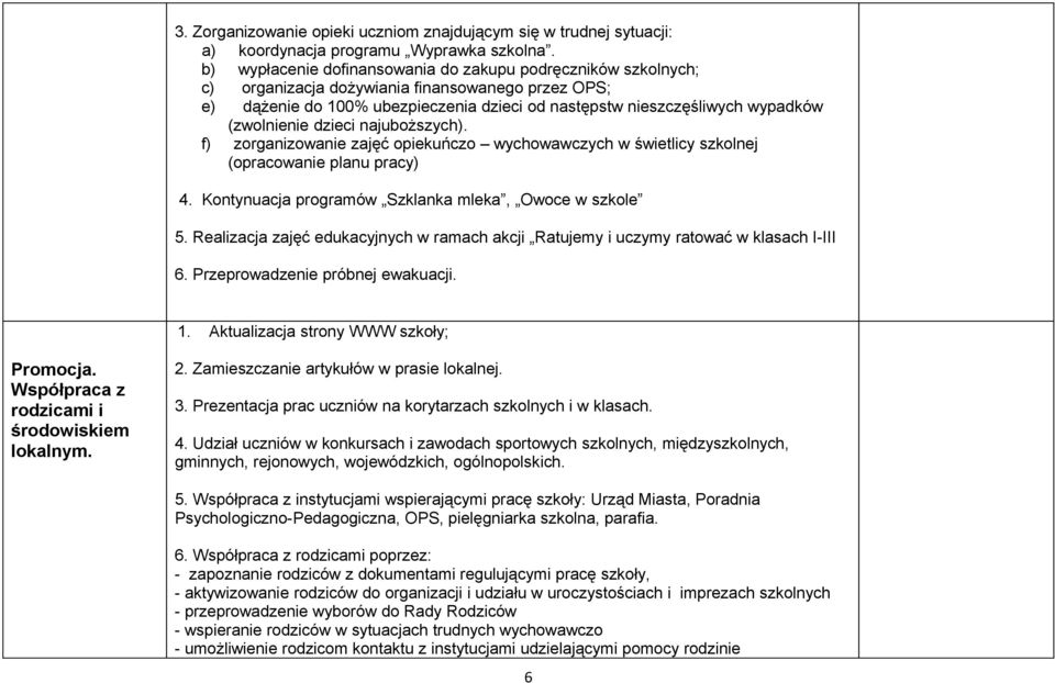 (zwolnienie dzieci najuboższych). f) zorganizowanie zajęć opiekuńczo wychowawczych w świetlicy szkolnej (opracowanie planu pracy) 4. Kontynuacja programów Szklanka mleka, Owoce w szkole 5.