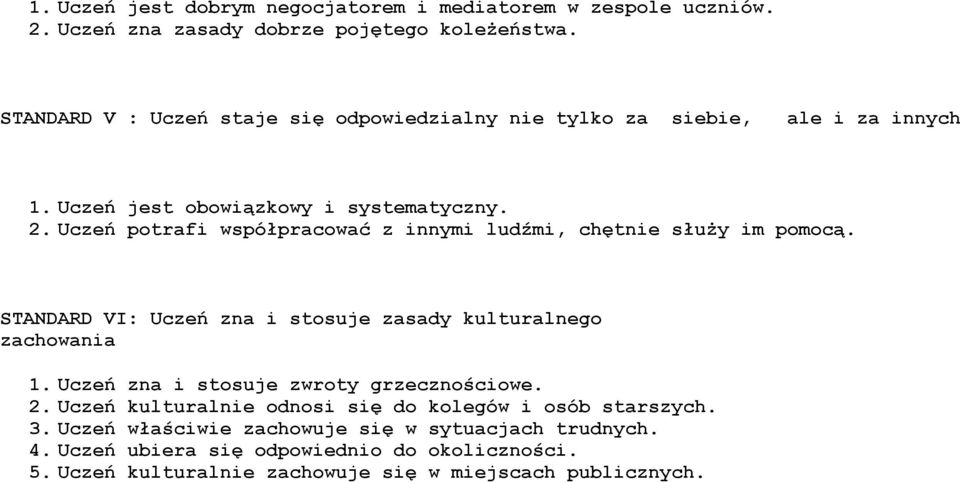 Uczeń ptrafi współpracwać z innymi ludźmi, chętnie służy im pmcą. STANDARD VI: Uczeń zna i stsuje zasady kulturalneg zachwania 1.