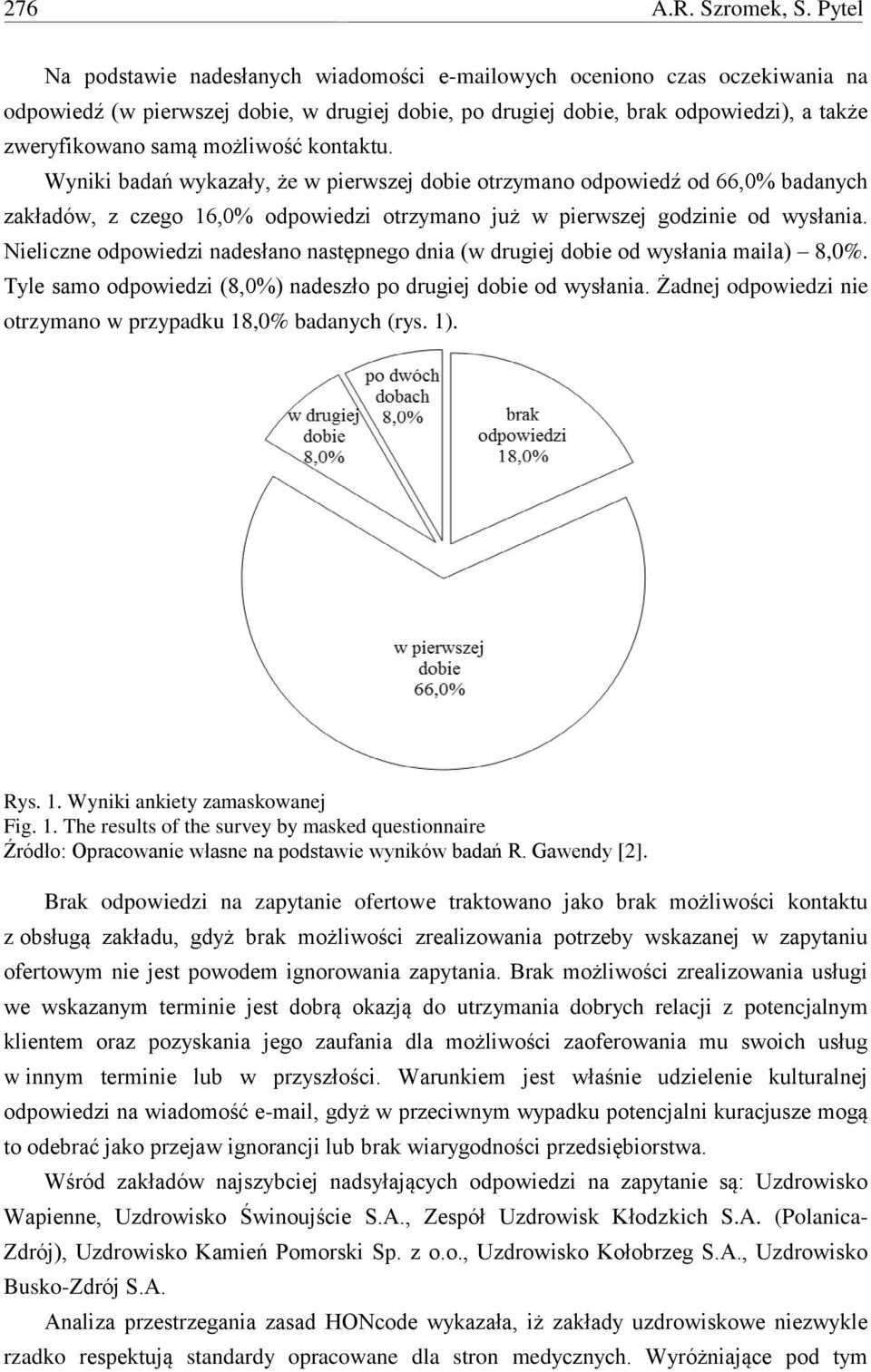 możliwość kontaktu. Wyniki badań wykazały, że w pierwszej dobie otrzymano odpowiedź od 66,0% badanych zakładów, z czego 16,0% odpowiedzi otrzymano już w pierwszej godzinie od wysłania.